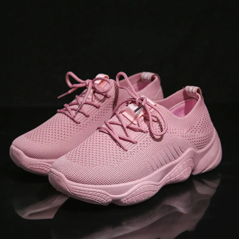 Women's white thick-soled flying woven sports shoes with front strap and round toe in sizes 35-40