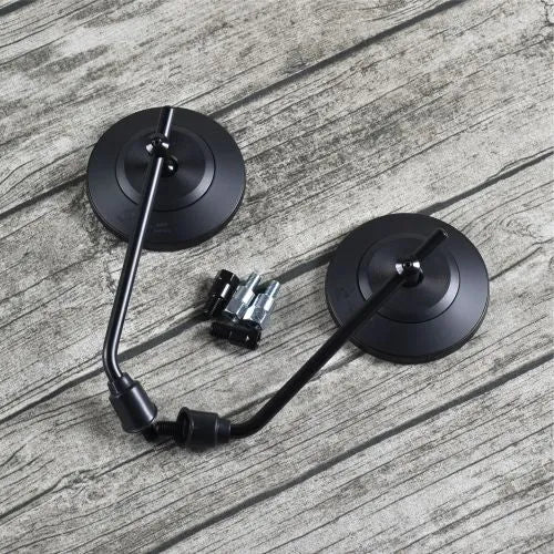 Retro motorcycle rearview mirror with ABS shell, 10mm thread, and adapter screws, in full black or silver black.