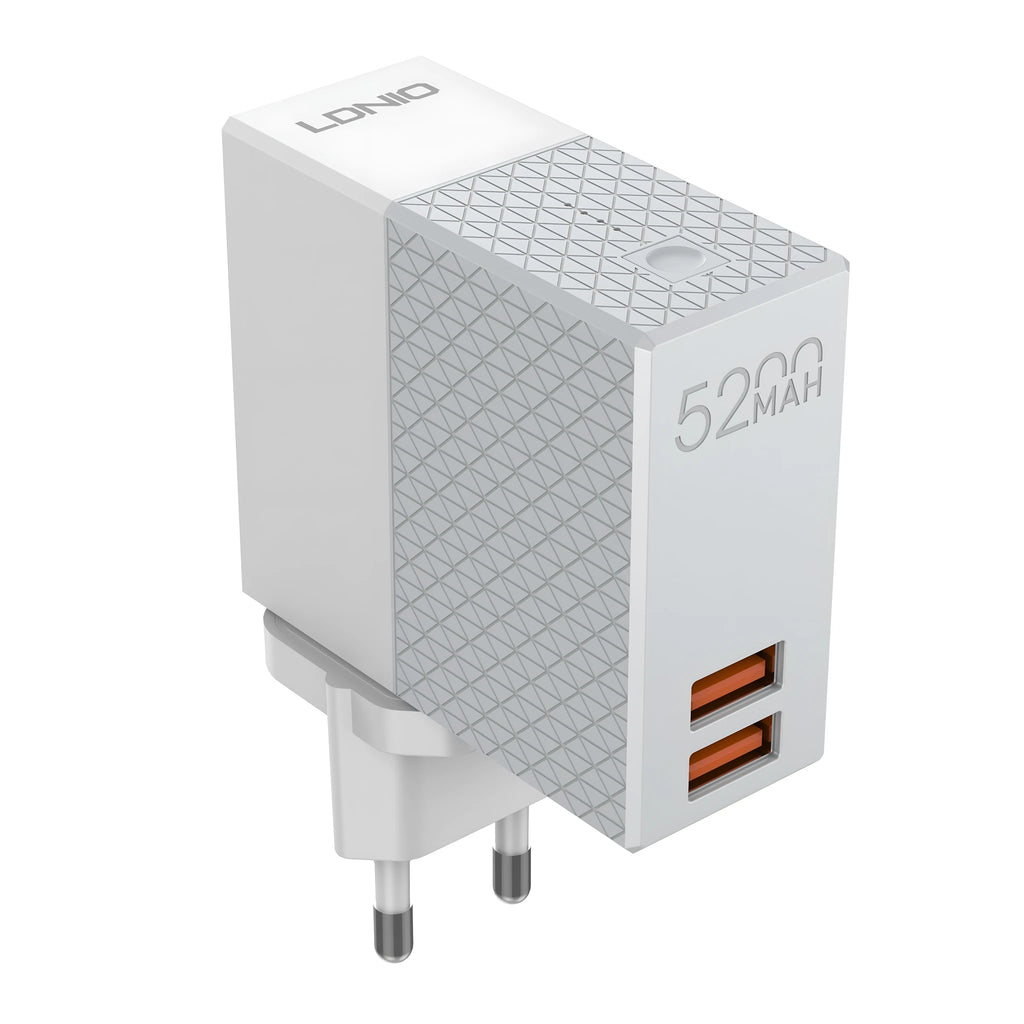 White two-in-one power bank charger with 5200mAh capacity and multiple plug standards