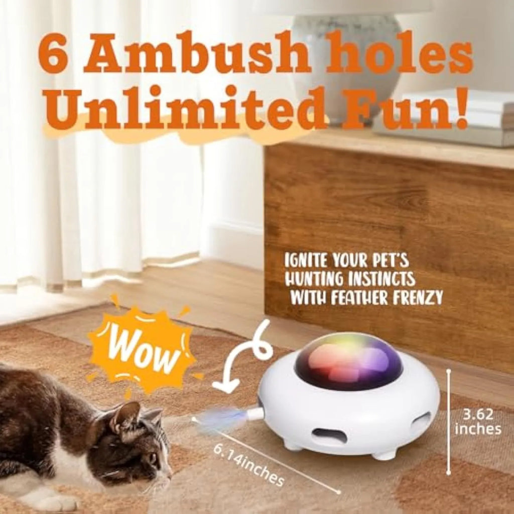 White interactive cat toy with colourful feathers and LED lights for indoor feline play