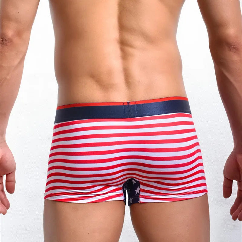 Red ribbed boxers with American flag print, cotton spandex blend, sizes S-XL