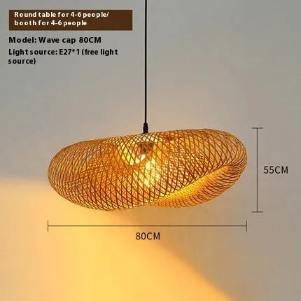 Bamboo hanging lamp with straw hat design showing woven natural bamboo construction and three size options