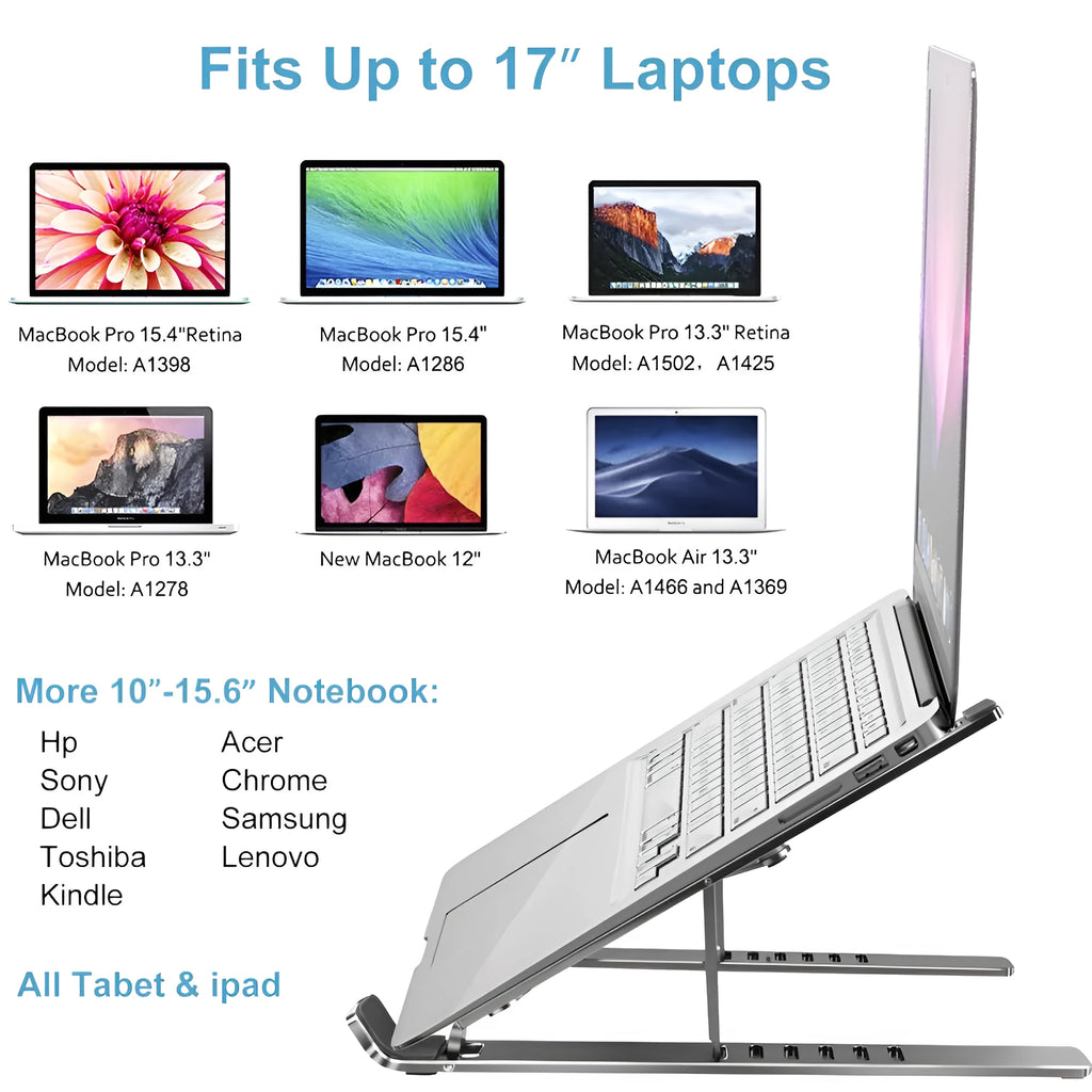 Silver aluminium laptop stand with six-height adjustment gears beside a black laptop on a desk