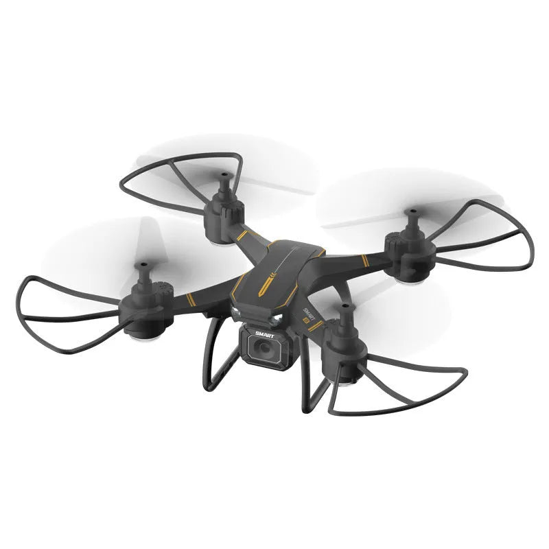 Blue remote control drone with four propeller guards, shown with its transmitter and accessories.