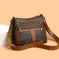 Brown women's crossbody bag with stitching pattern and shoulder strap