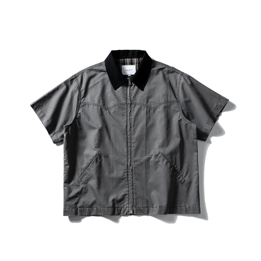 Washed overalls shirt in khaki colour with short sleeves and loose-fit cardigan style for teenagers