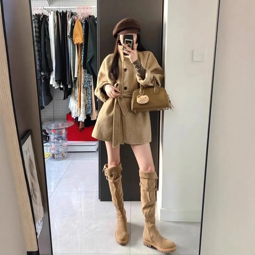 Short woolen coat women Korean casual button front khaki black S to 2XL 50cm length