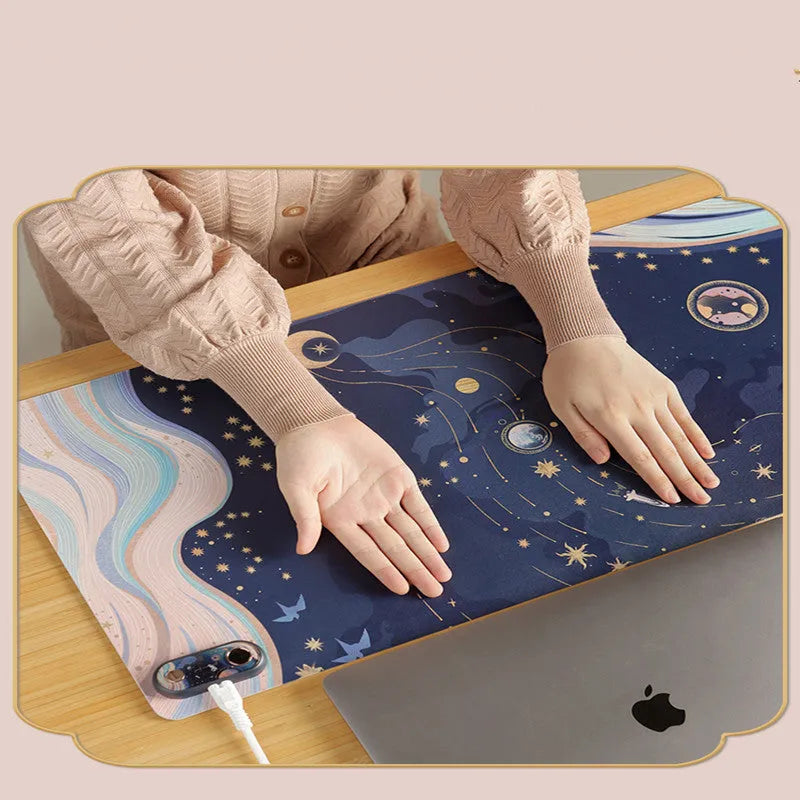 Office desktop electric heating pad with idyllic pattern on PVC leather surface for hand warming