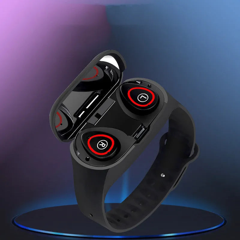 Smart bracelet earphone combo with 1-inch screen and silicone wristband in blue, black, or red colours