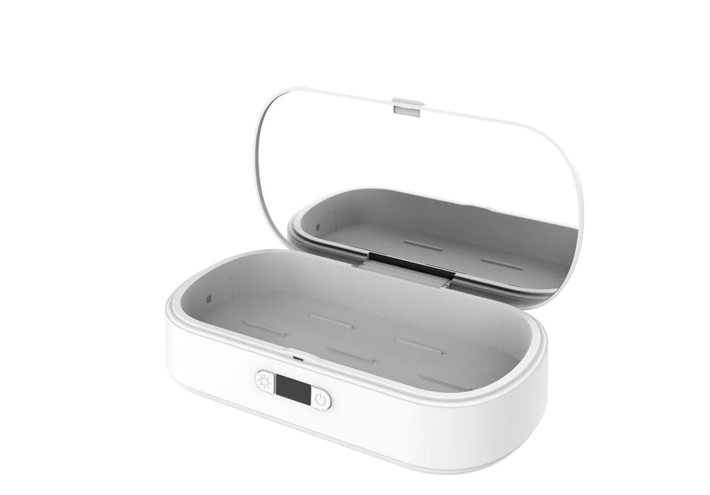 White ABS plastic wireless UV steriliser and charger box for mobile phones and personal items