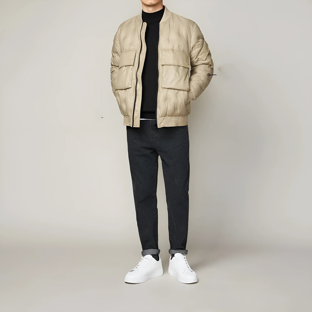 Men's gray duck down jacket with stand-up baseball collar and zip front, sizes M-3XL, black or khaki.
