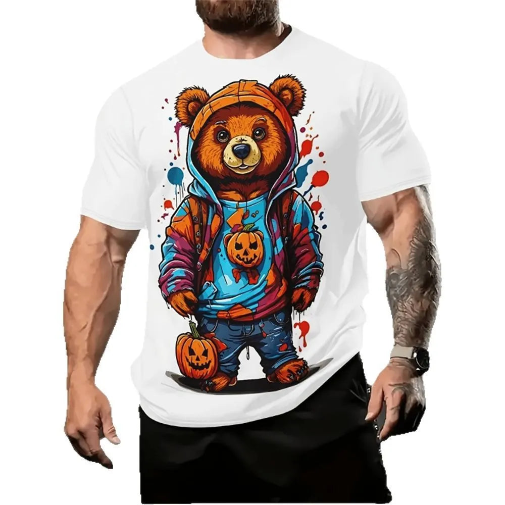 Men's loose-fit short-sleeve shirt with cartoon 3D print in linen blend fabric for summer wear