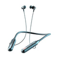 Wireless Bluetooth neckband sports headphones in black, red, purple, or green colours with a power display.