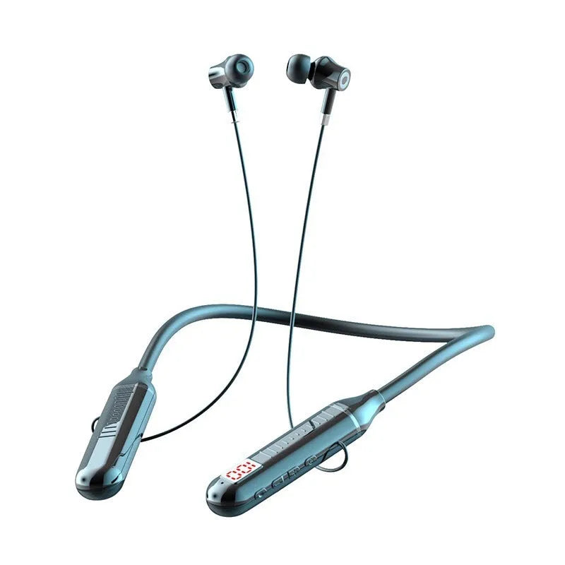 Wireless Bluetooth neckband sports headphones in black, red, purple, or green colours with a power display.