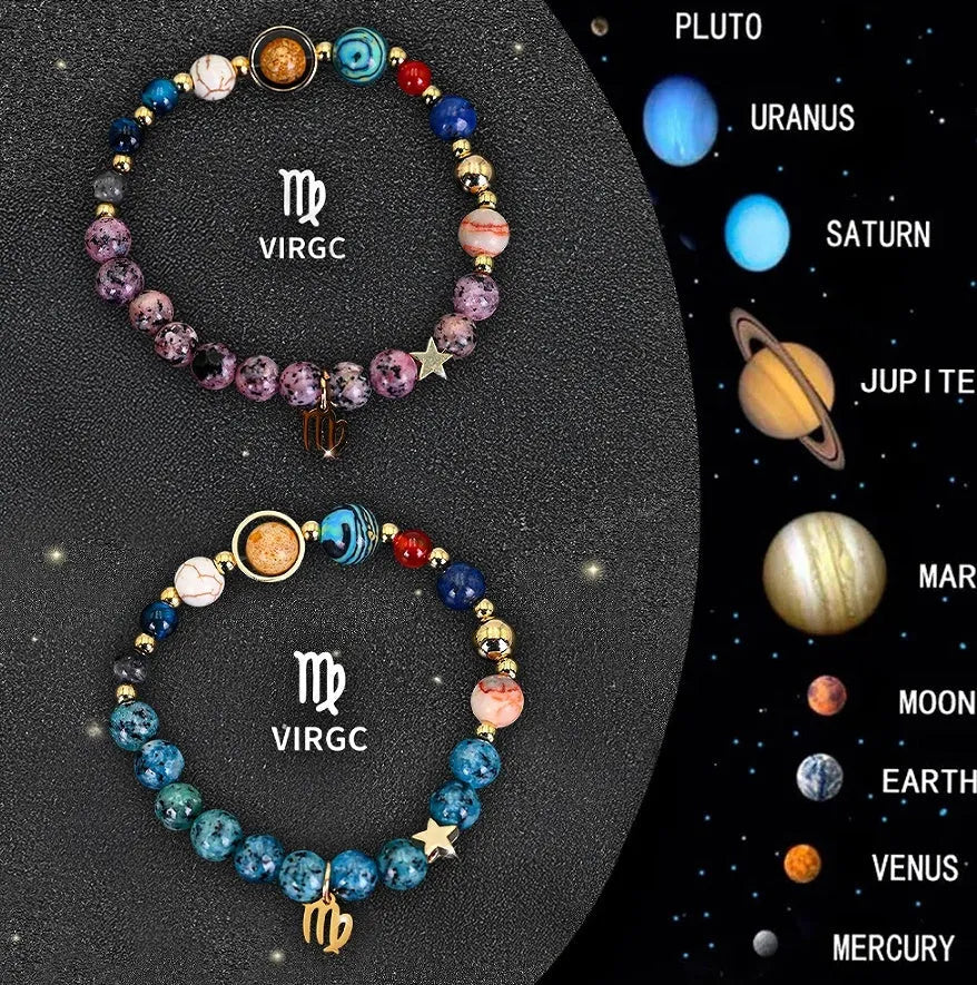 Two natural stone beaded bracelets with zodiac symbols on adjustable elastic cords