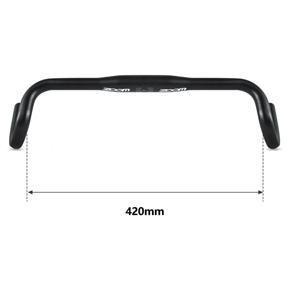 Black aluminium alloy road bike handlebar showing 420mm width and racing bend profile