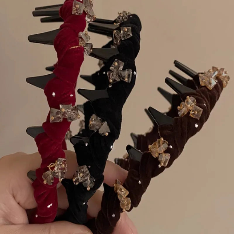 A wine red velvet hairband with crystal decorations, designed for non-slip use during face washing.