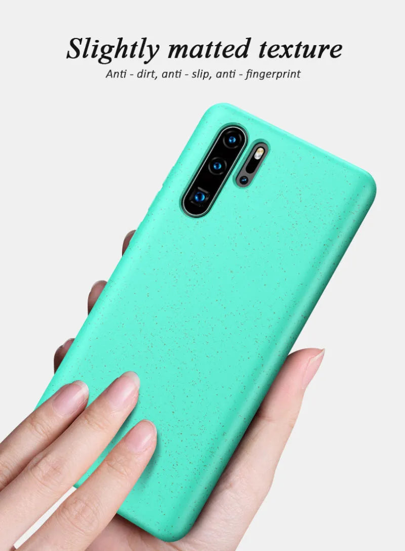Huawei P30 mobile phone case in TPU material showing colour options: army green, black, blue, pink, red, yellow.