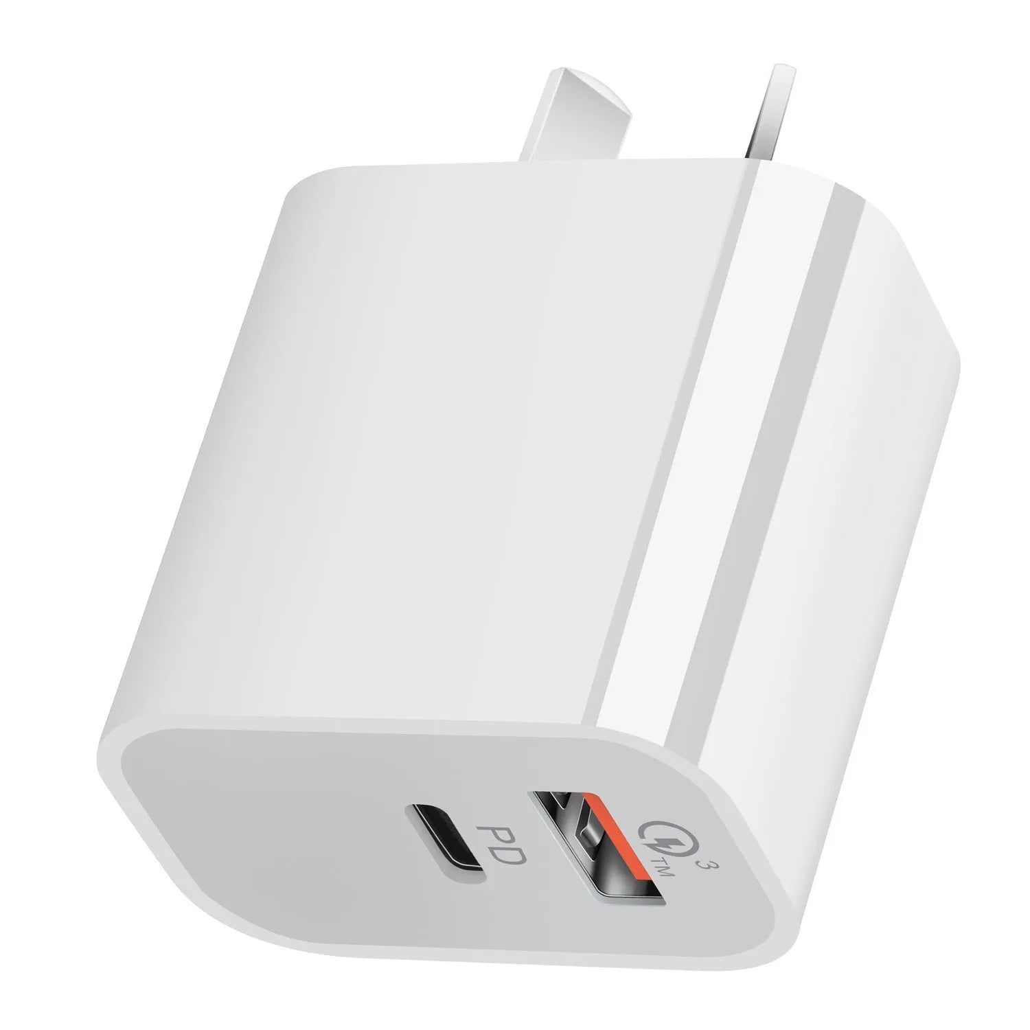 White Australian dual port USB wall charger showing Type-A and Type-C ports