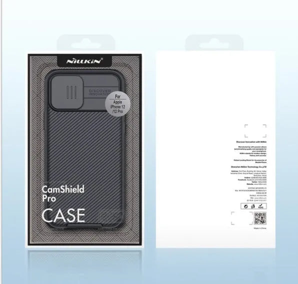 Nillkin Black Mirror Pro iPhone 12 case in black showing the sliding camera cover closed.