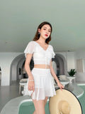 Women's two-piece skirt swimsuit set in solid colour for swimming and wading