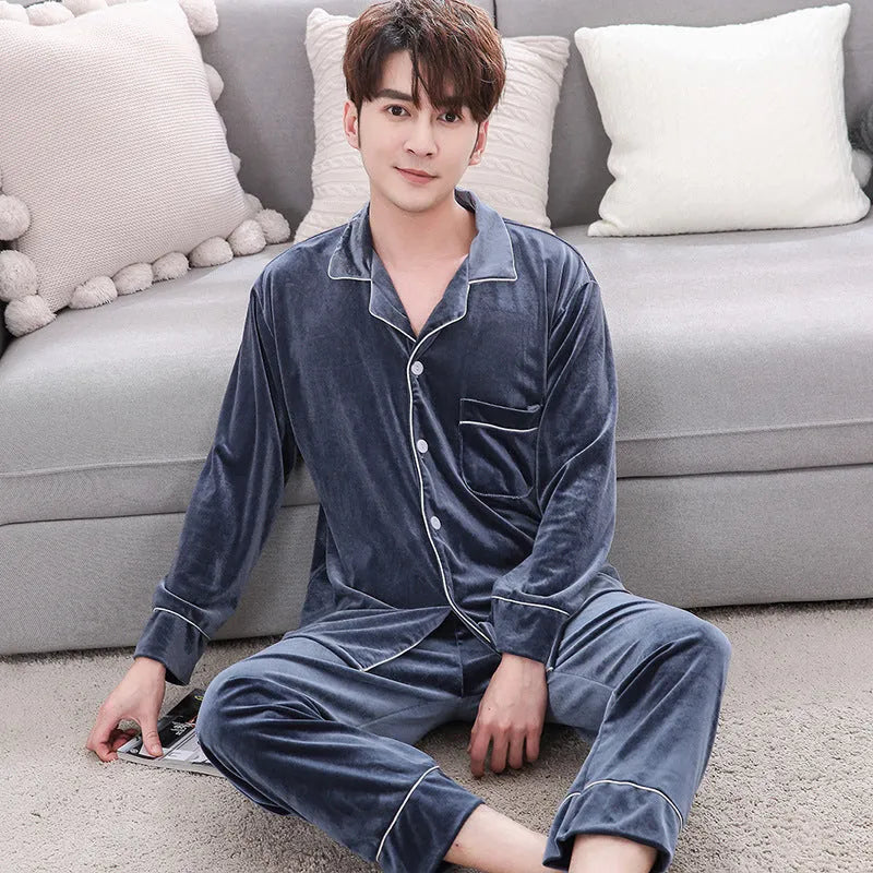 Couple winter velvet long sleeve pyjama set in Dark red, Grey, and Navy blue with size chart in cm for men and women.