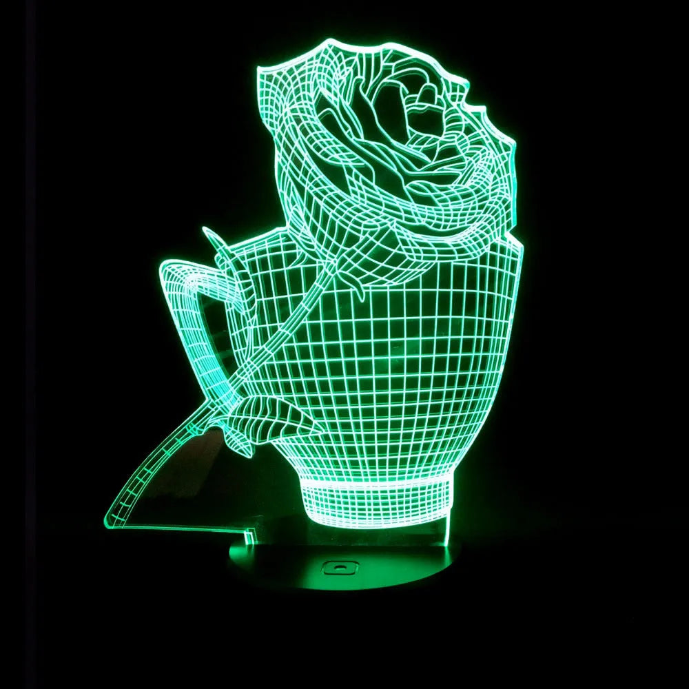 3D rose flower night light with acrylic board, ABS base, and remote control, showing seven colour options