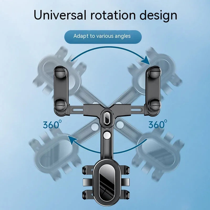 Universal retractable phone holder mounted on car rearview mirror showing 4.0-7.0 inch device capacity
