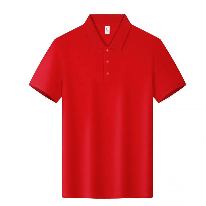 Men's beige cotton short sleeve polo shirt with a lapel collar, shown in a loose fit.