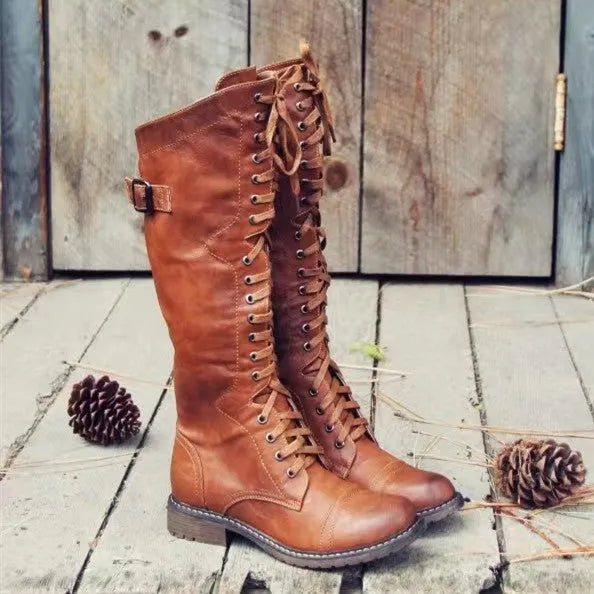 Chunky heel high leg boots in black, wine red, or brown with round toe and 1-3cm low heel