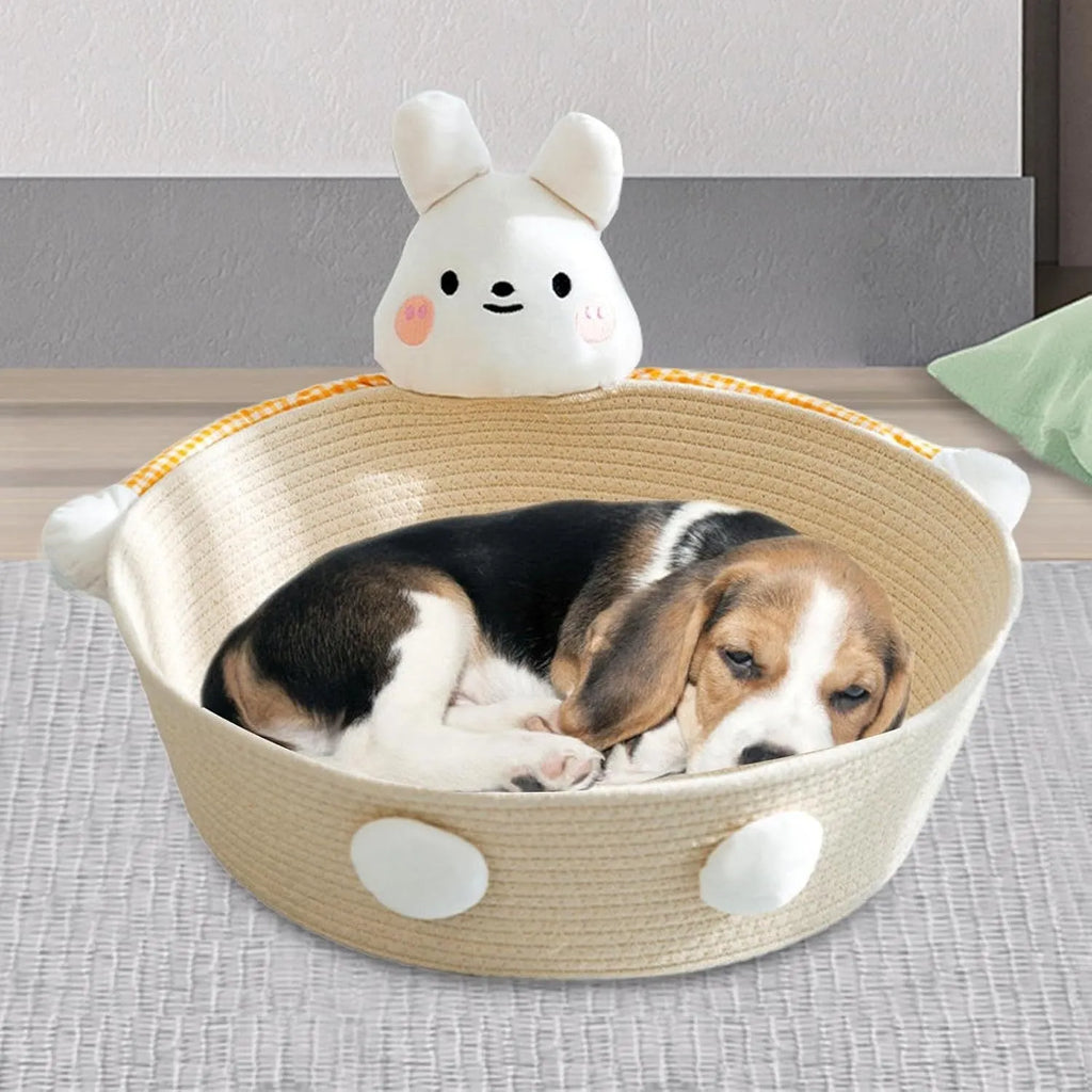 Woven cotton rope cat bed with integrated scratching board in basket design, available in three sizes