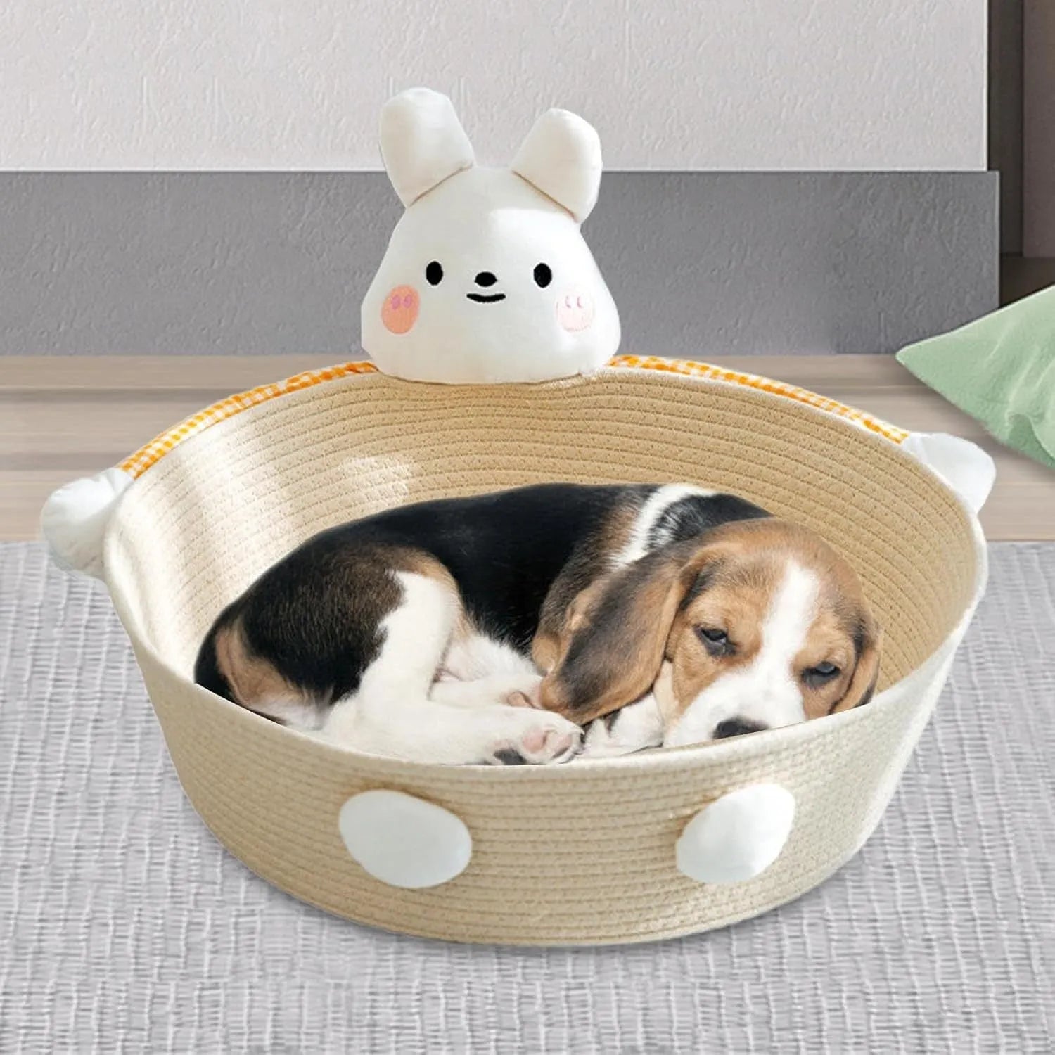 Woven cotton rope cat bed with integrated scratching board in basket design, available in three sizes