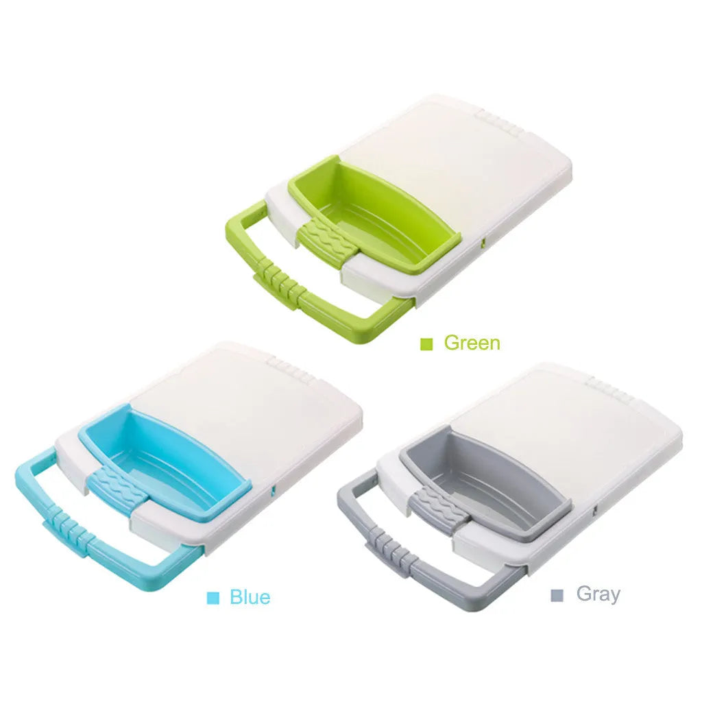 Green multi-function kitchen cutting board with integrated sink basket and drainage holes