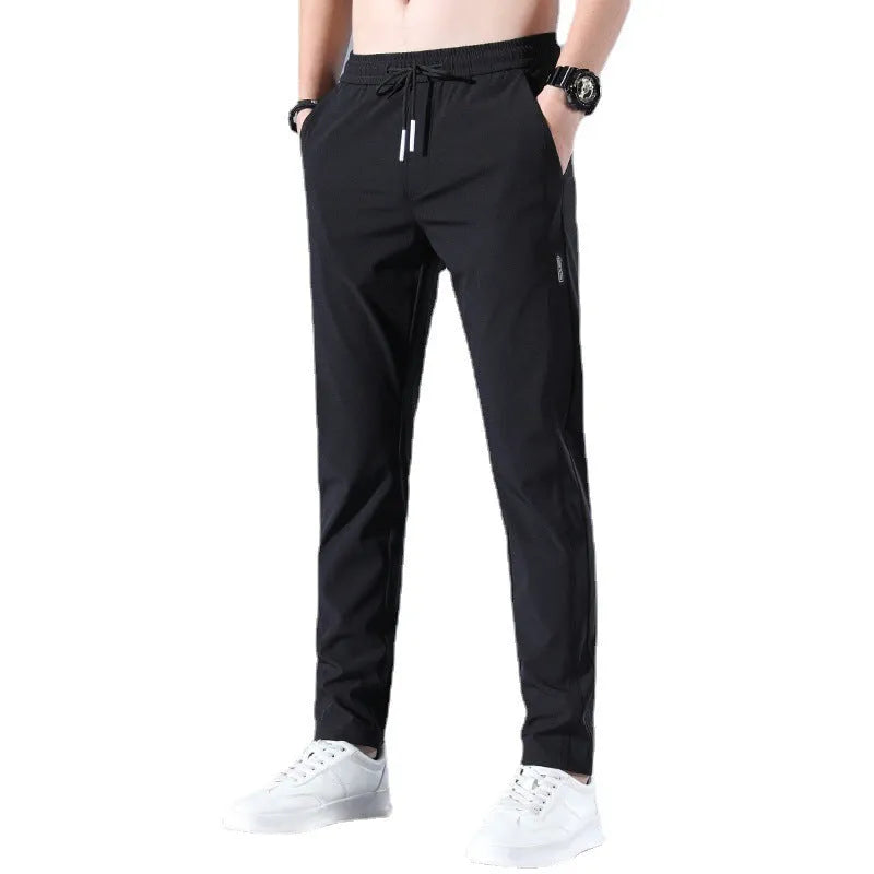 Men's summer ice silk straight trousers in polyester blend, high waist drawstring, light green, light grey, dark grey, black