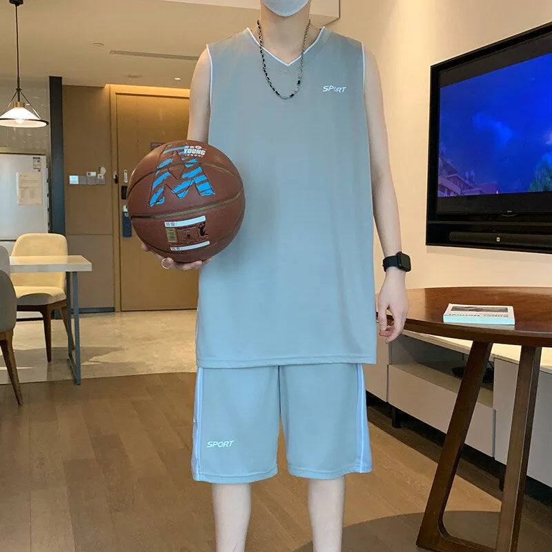 Basketball sports vest and shorts set in polyester mesh fabric showing sleeveless design