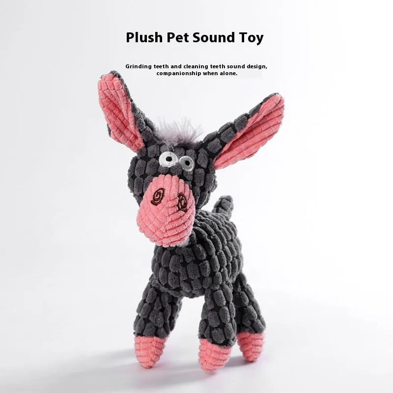 Plush puppy toy in animal designs like donkey, duck, and elephant with squeaker for teething relief