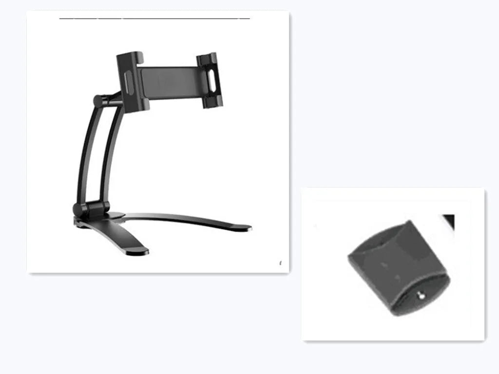 Aluminium alloy desktop tablet stand with adjustable clips and 360-degree rotation for tablets up to 10.5 inches