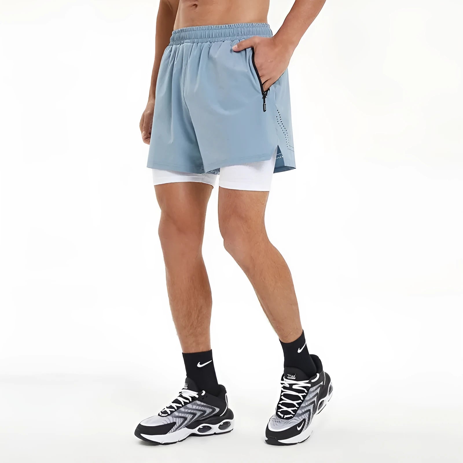 Men's black double-layer sports shorts with elastic waistband for running and fitness training.