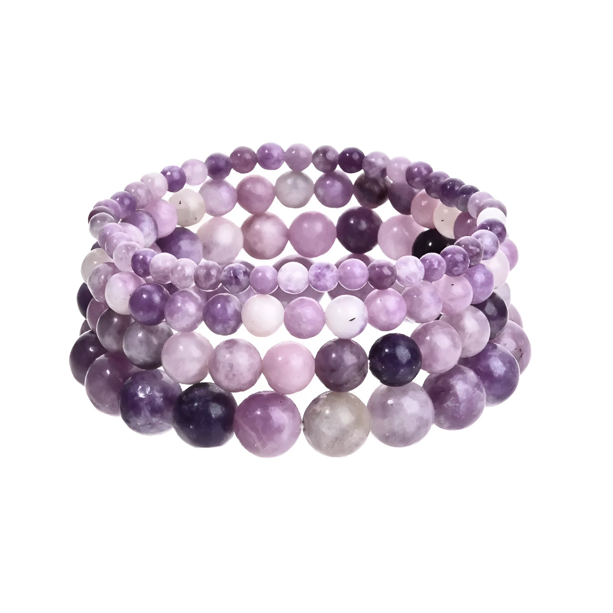 Purple natural stone elastic bead bracelet with geometric beads on a black background.