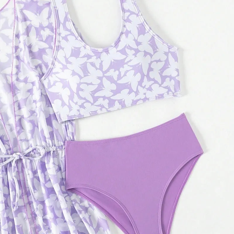 Girls three-piece polyester swimsuit set with coat, vest, and pants in colour 3218