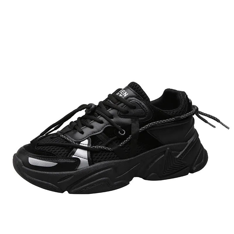 Men's white platform trainers with lace-up front and a breathable mesh lining, shown from the side.