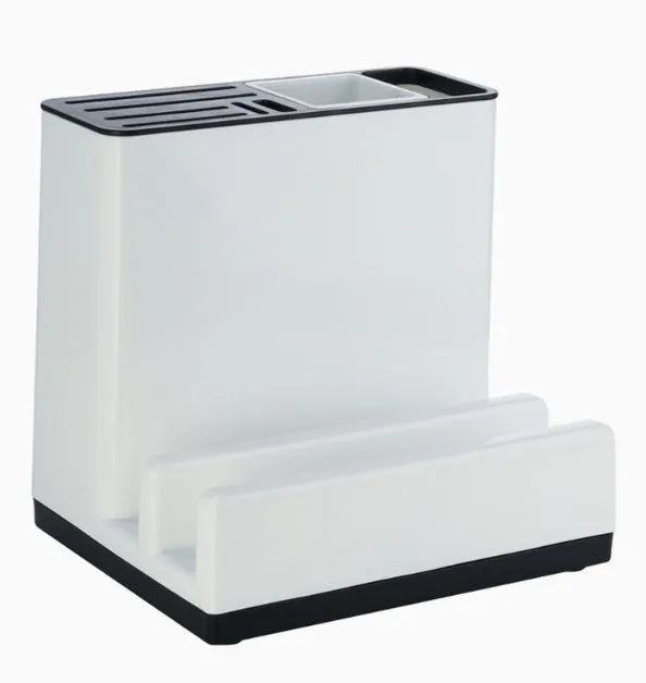 White plastic kitchen knife storage rack with integrated shelf for desktop organisation