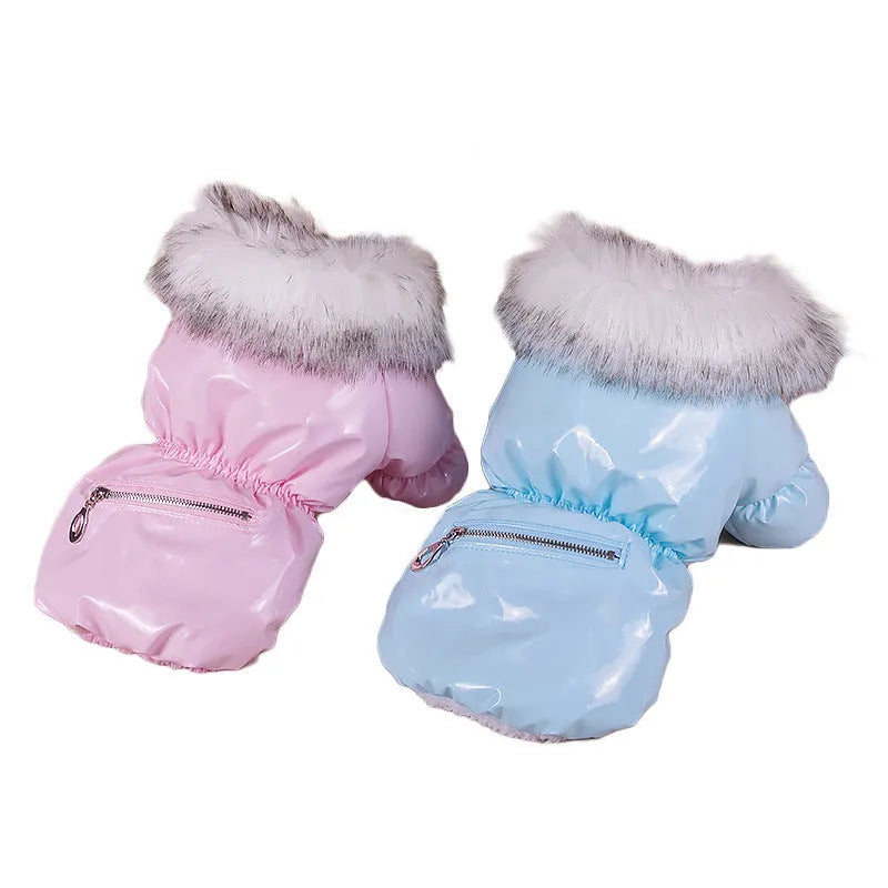 Blue cotton down jacket for puppy with British style design for autumn and winter wear