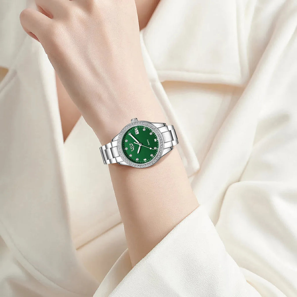 Fashion Girl Quartz Watch with round 34mm dial, diamond-encrusted bezel, and luminous hands in silver colour options