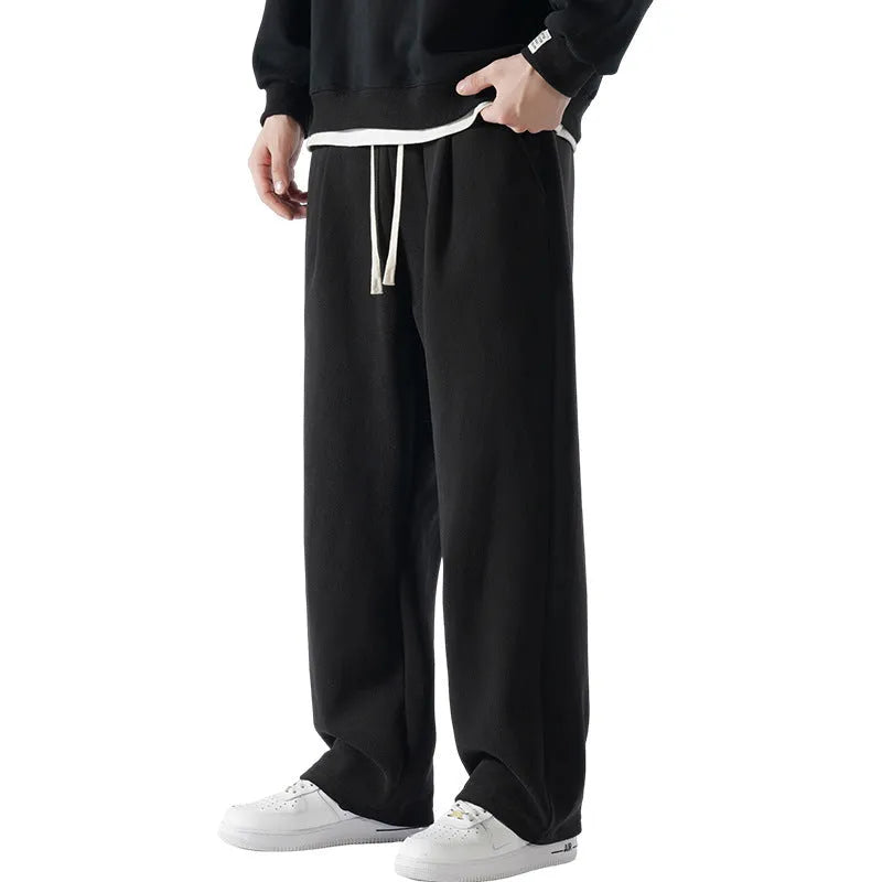 Men's double-sided polar fleece-lined winter trousers with drawstring waist in apricot, black, or dark grey