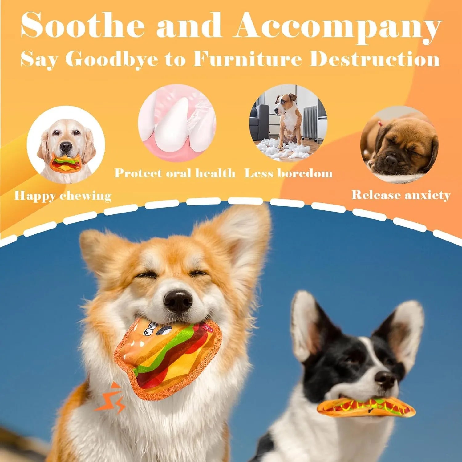 Set of four colourful fast-food shaped dog toys: hamburger, fries, hot dog, and pizza, featuring crinkle and squeak sounds.