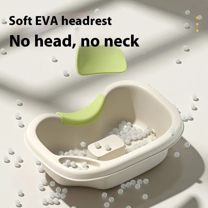 Portable bed shampoo basin with integrated neck pillow, circulating water pump, drain pipe, and massage brush for hair washing while lying down
