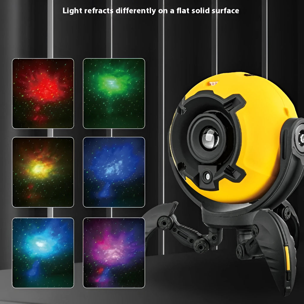 Dynamic starlight projector ambience light in black, blue, or yellow, 34.5 x 22.3 x 16.5 cm, with built-in battery.