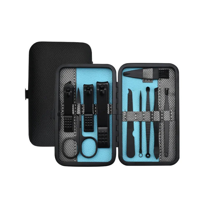 Stainless steel manicure set in PU leather case, available in red, grey, yellow or blue, 10 to 36 pieces.