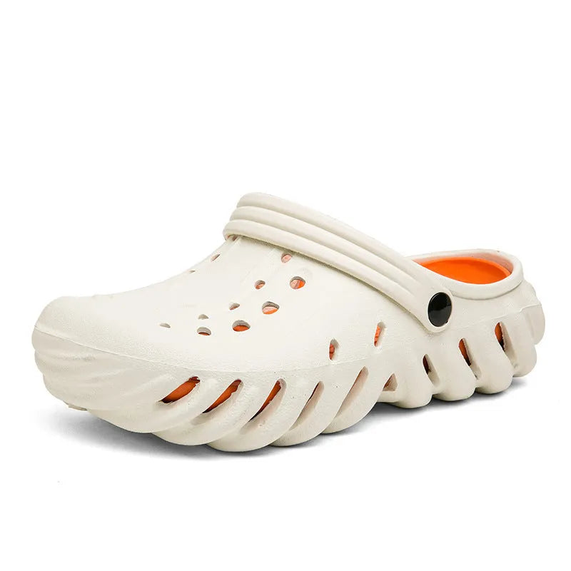 Men's beige EVA slipper sandals with hollow-out design and non-slip sole, shown from above